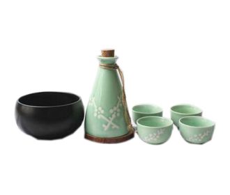 Set of 6 Japanese Style Wide Bottom Cup Sake Pot Wine bowl Set, Green