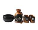 Set of 6 Japanese Style Wide Shape Cup Sake Pot Winebowl Set, Black