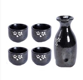 Set of 5 Japanese Style Wide Shape Cup Sake Pot Wine bowl Set, Black Cherry