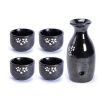 Set of 5 Japanese Style Wide Shape Cup Sake Pot Wine bowl Set, Black Cherry