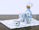 Set of 5 Japanese Style Wide Shape Cup Sake Pot Winebowl Set, Blue Flowers