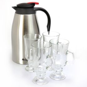 Mr. Coffee Galion 2 Quart Stainless Steel Insulated Coffee Pot and 4 Piece Glass Pedestal Cup Set