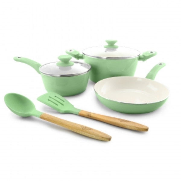 Gibson Home Plaze Café Forged Aluminum Non-stick Ceramic Cookware with Induction Base and Soft Touch Bakelite Handle Mint Green 7-Piece Set 